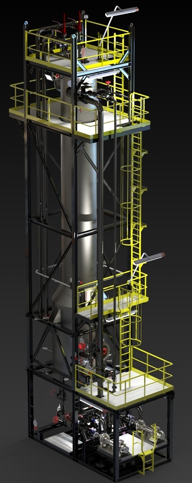 Rendu réaliste modélisation 3D d'un skid de tuyauterie avec pompe et charpente